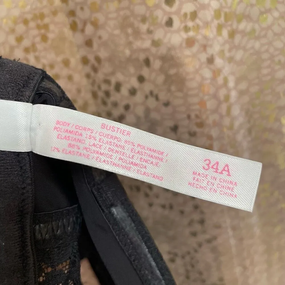 Vintage Y2K PINK Victorias Secret Strapless Rhinestone Black Bustier Bra 34A - Image 4