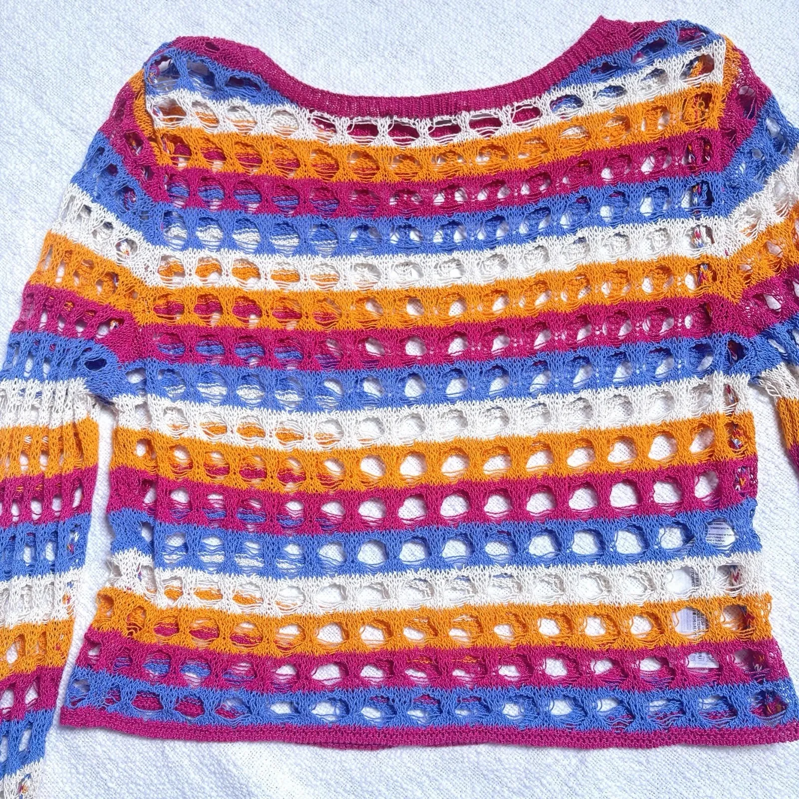 Mango Women's S Colorful Crochet Crop Top Sweater Boho Hippie Beach Vacation - Image 7