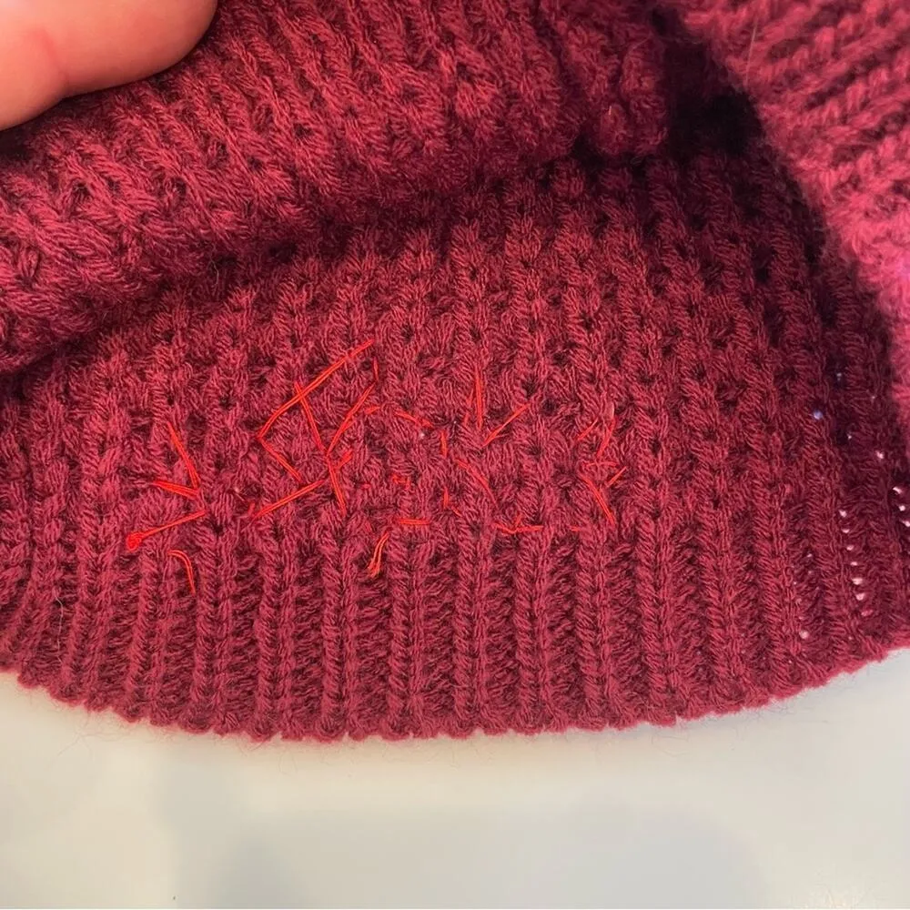 Burgundy Knit Beanie with Red Rhinestones & Faux Fur Poof - Image 5