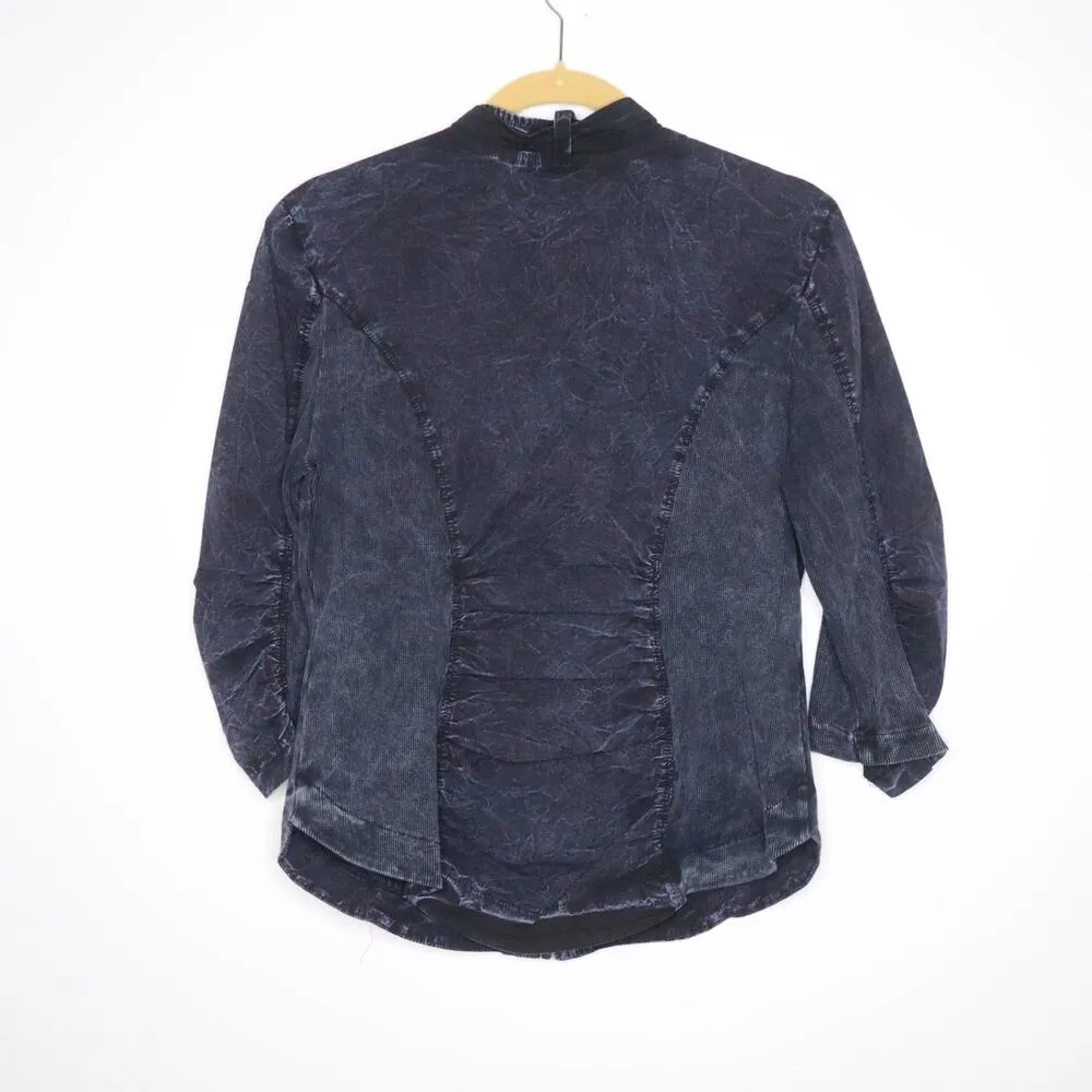 XCVI Full Zip Stonewashed Jacket Ruched 3/4 Sleeve Rib Panel Grey Blue Women's M - Image 6