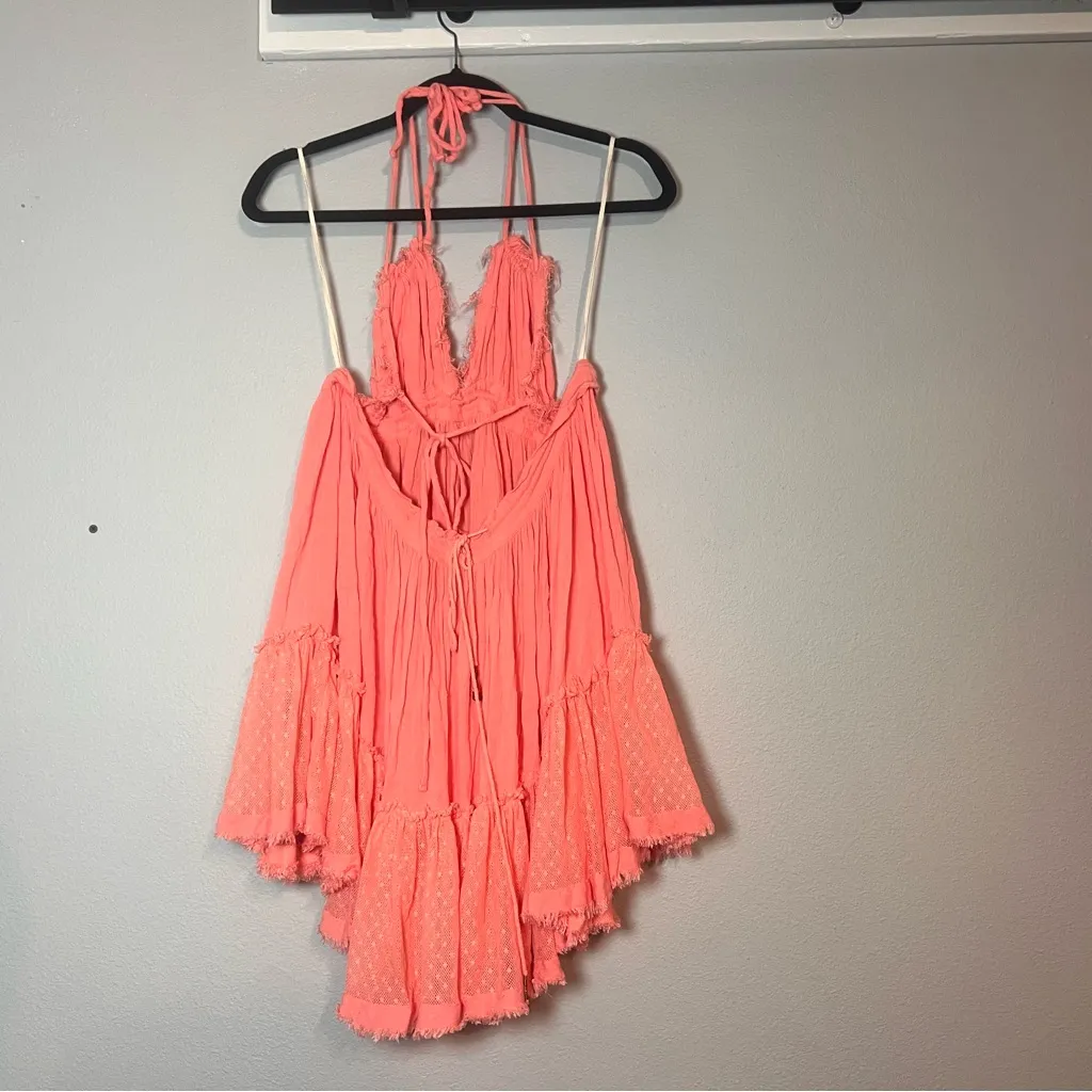 Free People 100 Degree Tunic Mini Dress Pink Coral Halter Size XS Open Back Boho - Image 7