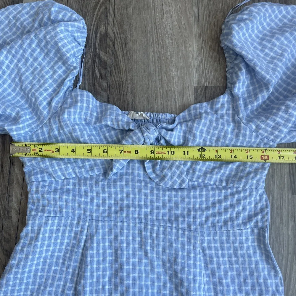 Altar'd State Puff Sleeve Plaid Checkered Mini Dress L Blue Babydoll Tie Front‎ - Image 7