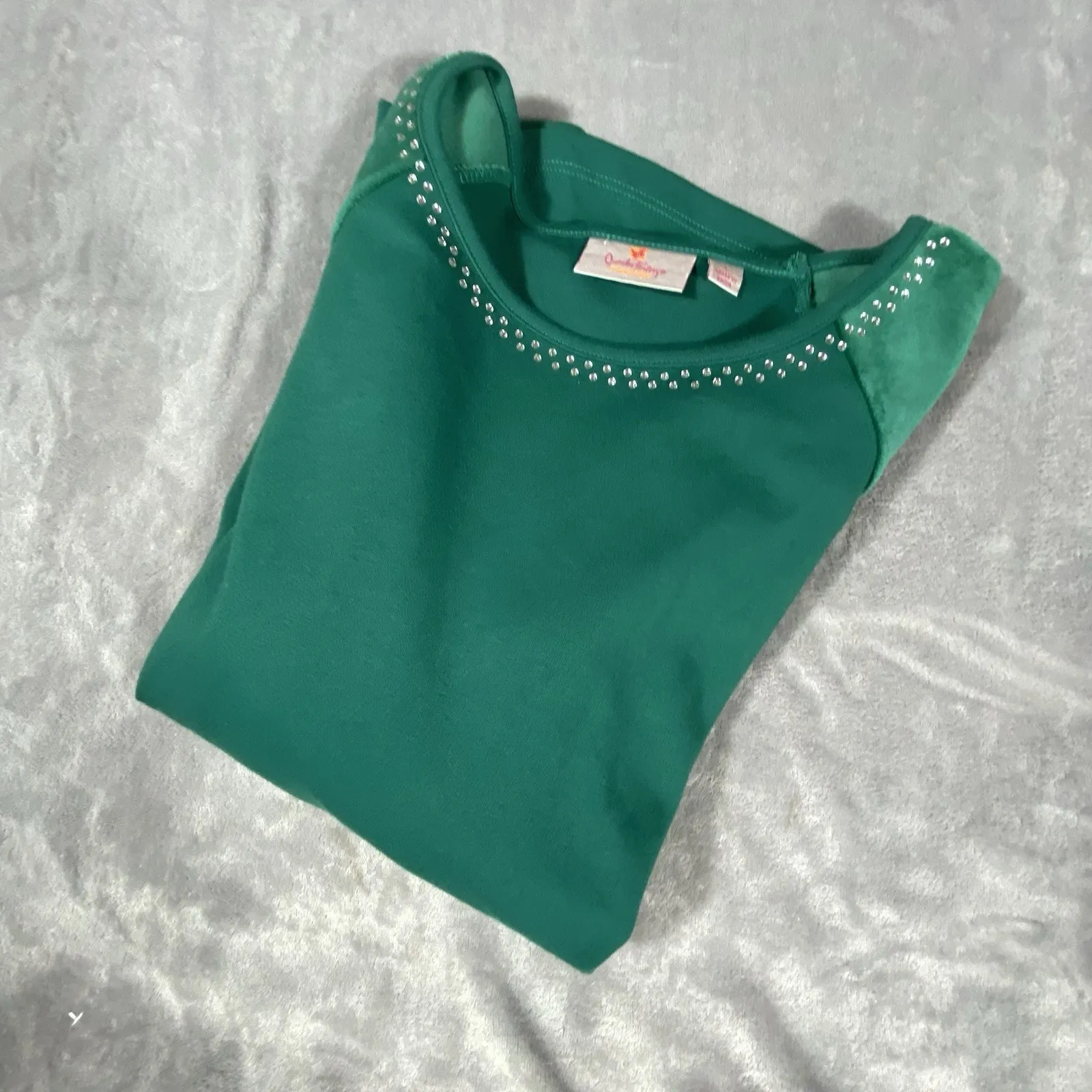 Quacker Factory Shirt Large Green Velour Sleeve Baseball Top QVC Comfy Stretchy - Image 5