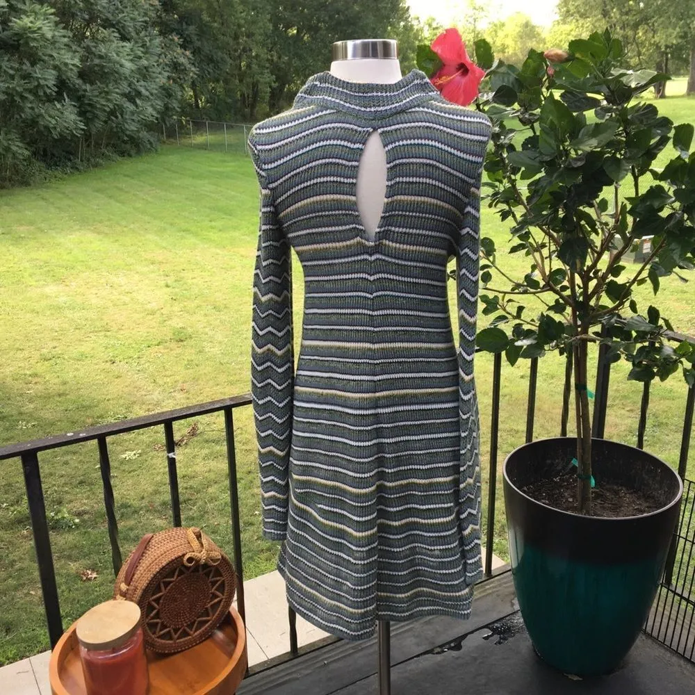 Free People ZigZag Chevron Knitted Multicolor Green Flare Sleeve Sweater Dress - Image 3