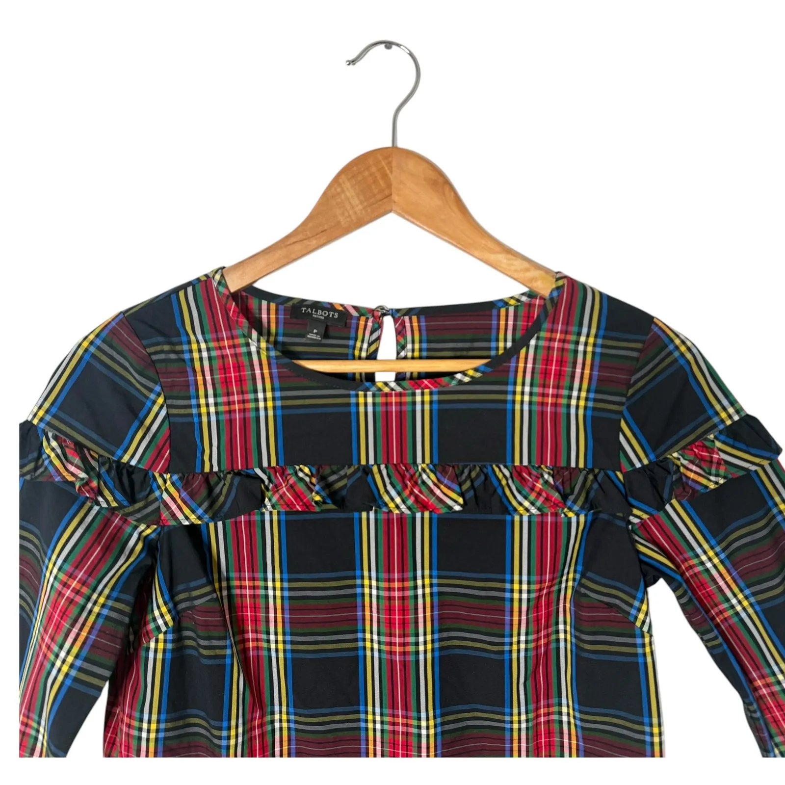 Talbots Tartan Plaid Top‎ Petite Women Size P Ruffle Trim Top Preppy Checkered - Image 4