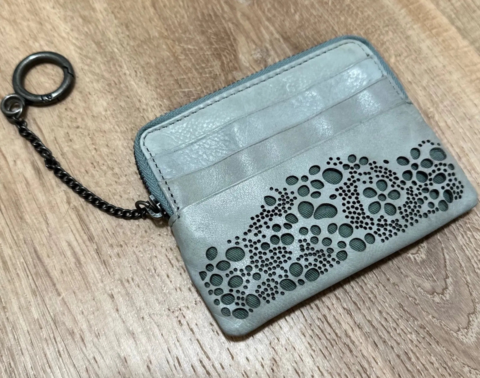 Light Blue Gray Leather Boho Pinhole Cut Card Holder Wallet Coin Pouch w/ Chain - Image 1