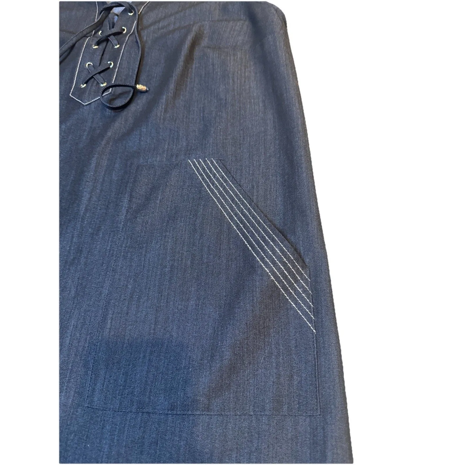 Ivanka Trump Womens Denim Collared Embroidered Lace Up Sheath Dress Sz 14 Petite - Image 4