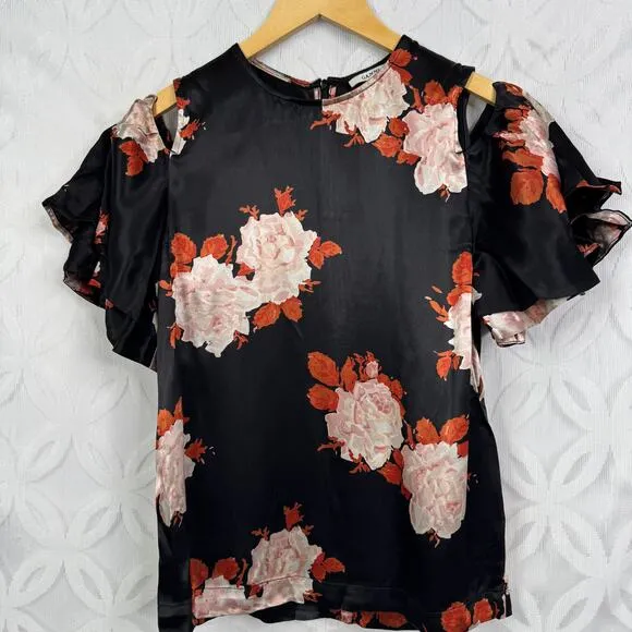 Ganni Cold Shoulder Floral Satin Ruffle‎ Sleeve Blouse Size XS - Image 4