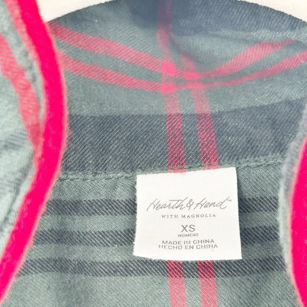 Hearth & Hand Womens Christmas Holiday Flannel Tartan Plaid Button Pajama Top XS Green - Image 3