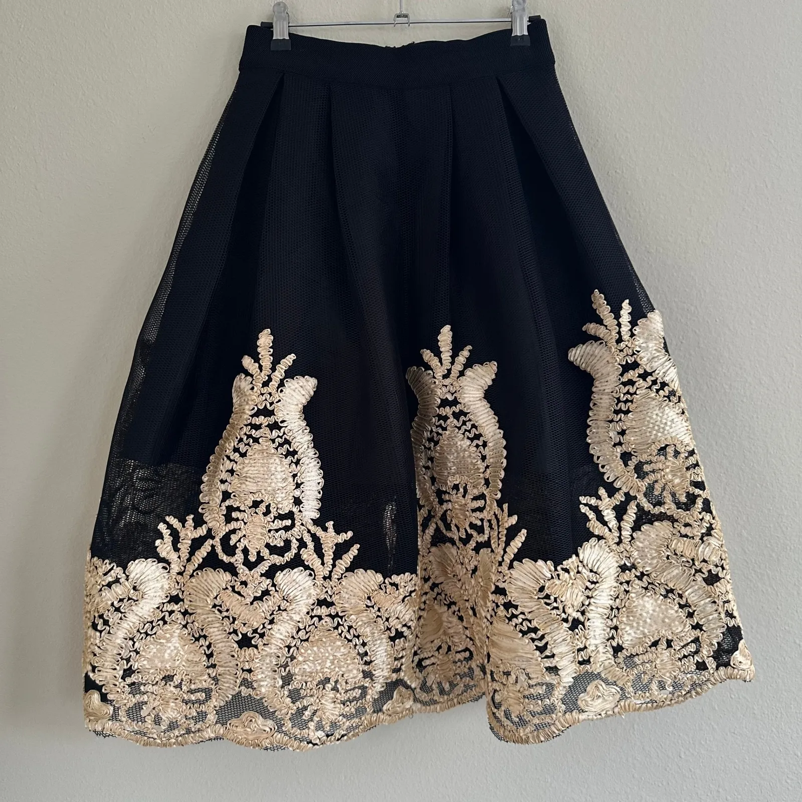 EyeCandy Black & Gold‎ Midi Skirt Mesh Overlay Cocktail Party Gala Size Small - Image 2