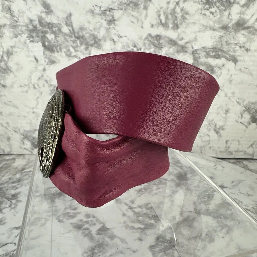 Vintage Women Adjustable Wide Leather Belt With Brass Paisley Clip Buckle Size M Pink - Image 3