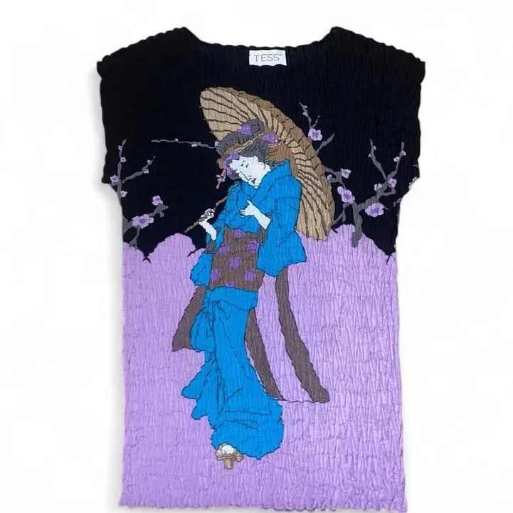 Vintage Japanese Geisha print crinkled textured top Purple Size M - Image 2