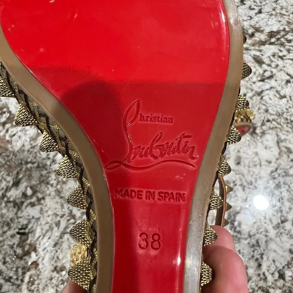 Christian Louboutin Cordorella Spike Embellished Leather Sandal Wedges Size 38 - Image 5
