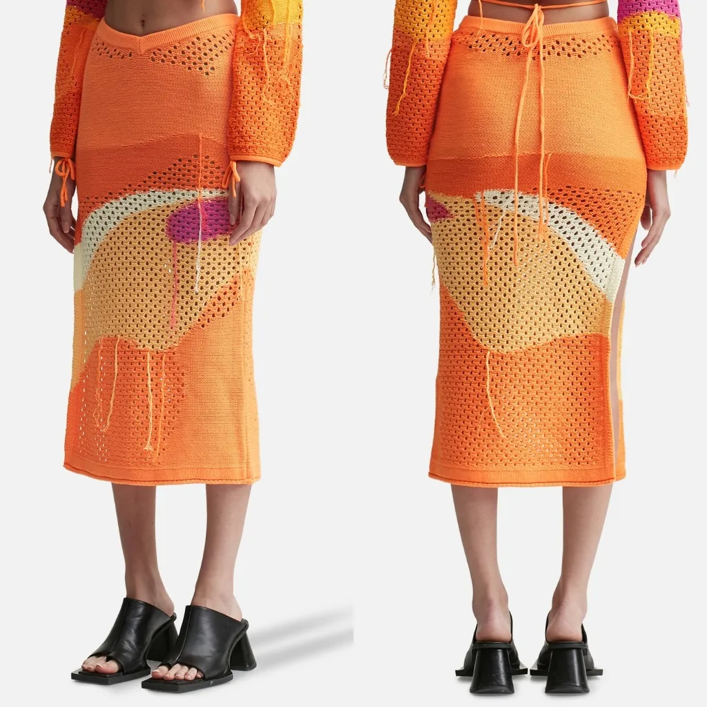 House of Sunny Pompelmo Sunset Knit Crochet Skirt Orange Size 8 - Image 10