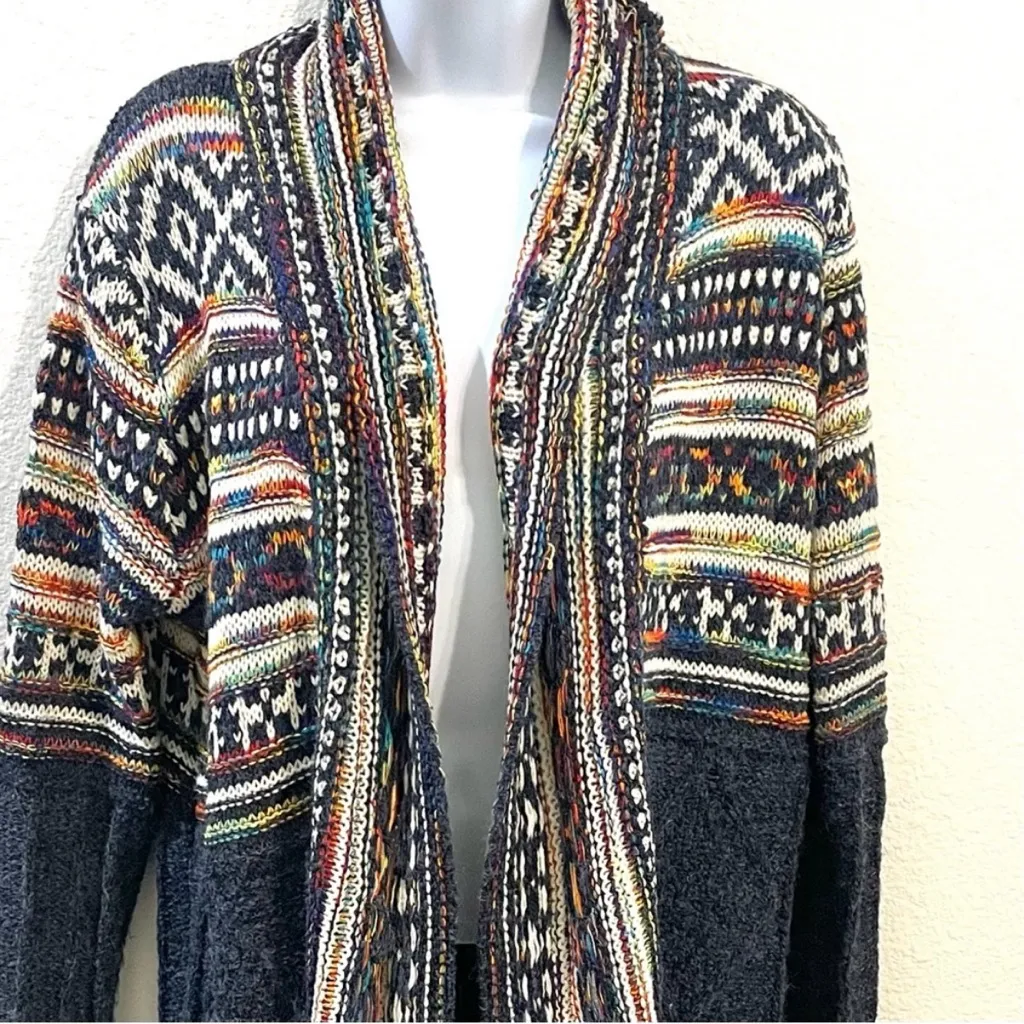 Glitzy Girlz Open Front Multicolor Pattern Knit Cardigan with Fringe Medium Blue - Image 2