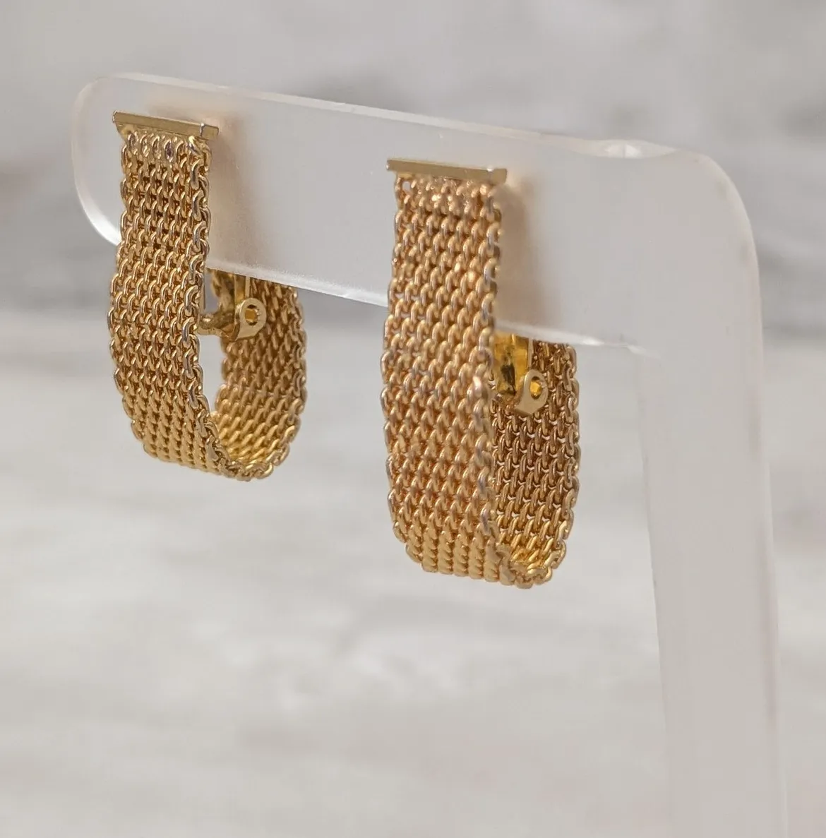 Vintage Clip On Earrings Stylish Gold Tone Mesh Hoop Like Large Statement - Image 1