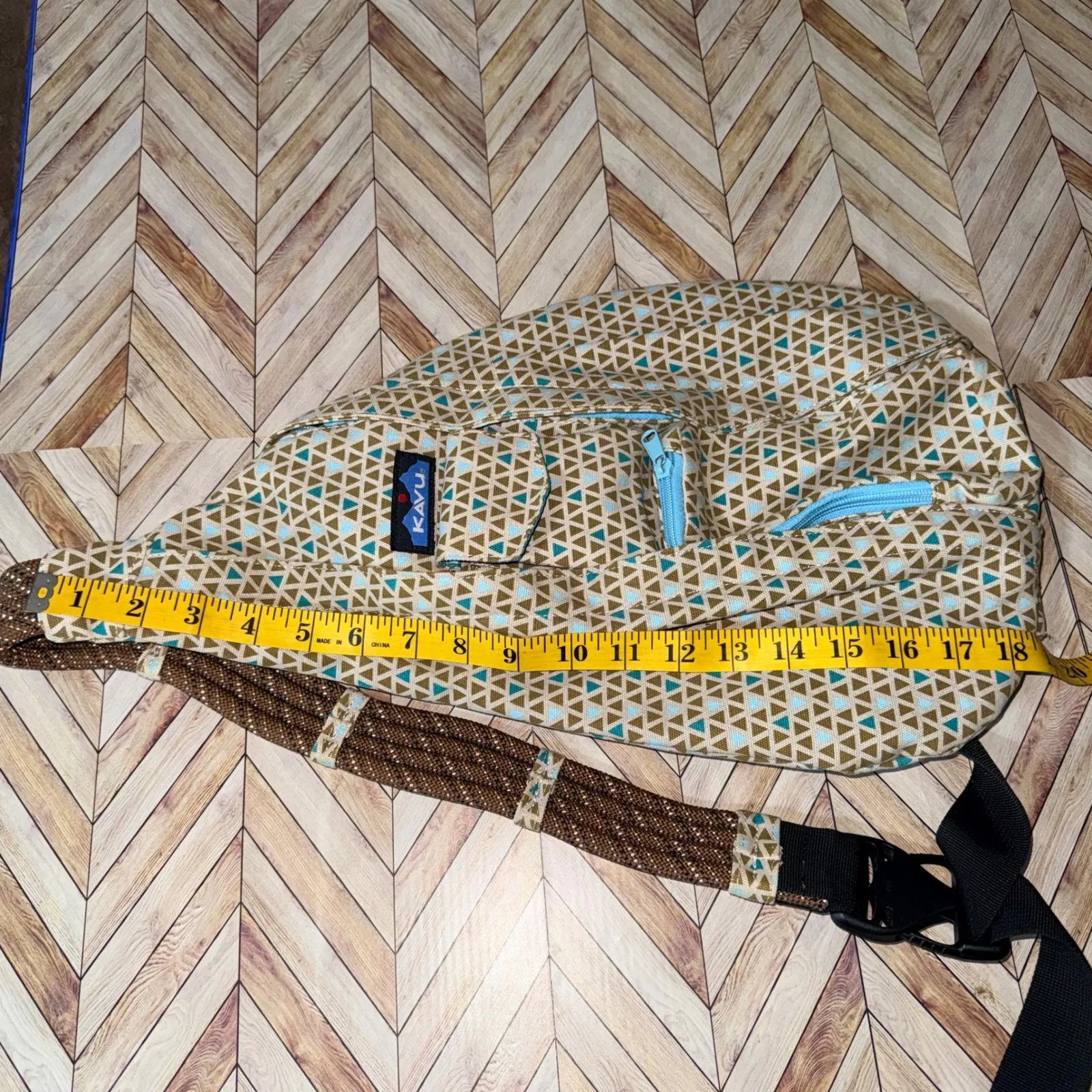 KAVU Rope Sling Backpack Geometric Print Adjustable Strap Teal Tan Brown Travel - Image 11