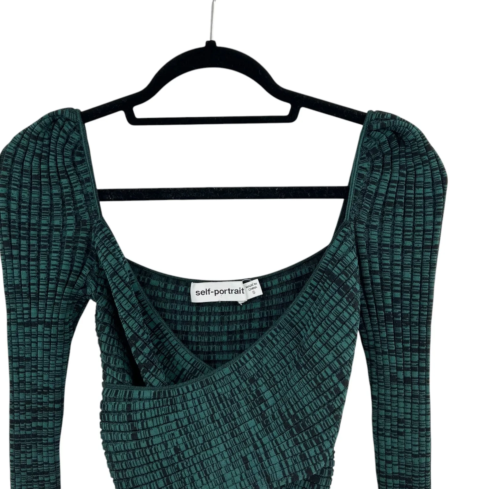 Self Portrait Crossover Ribbed Knit Crop‎ Top Long Sleeve Green Black Size Small - Image 5