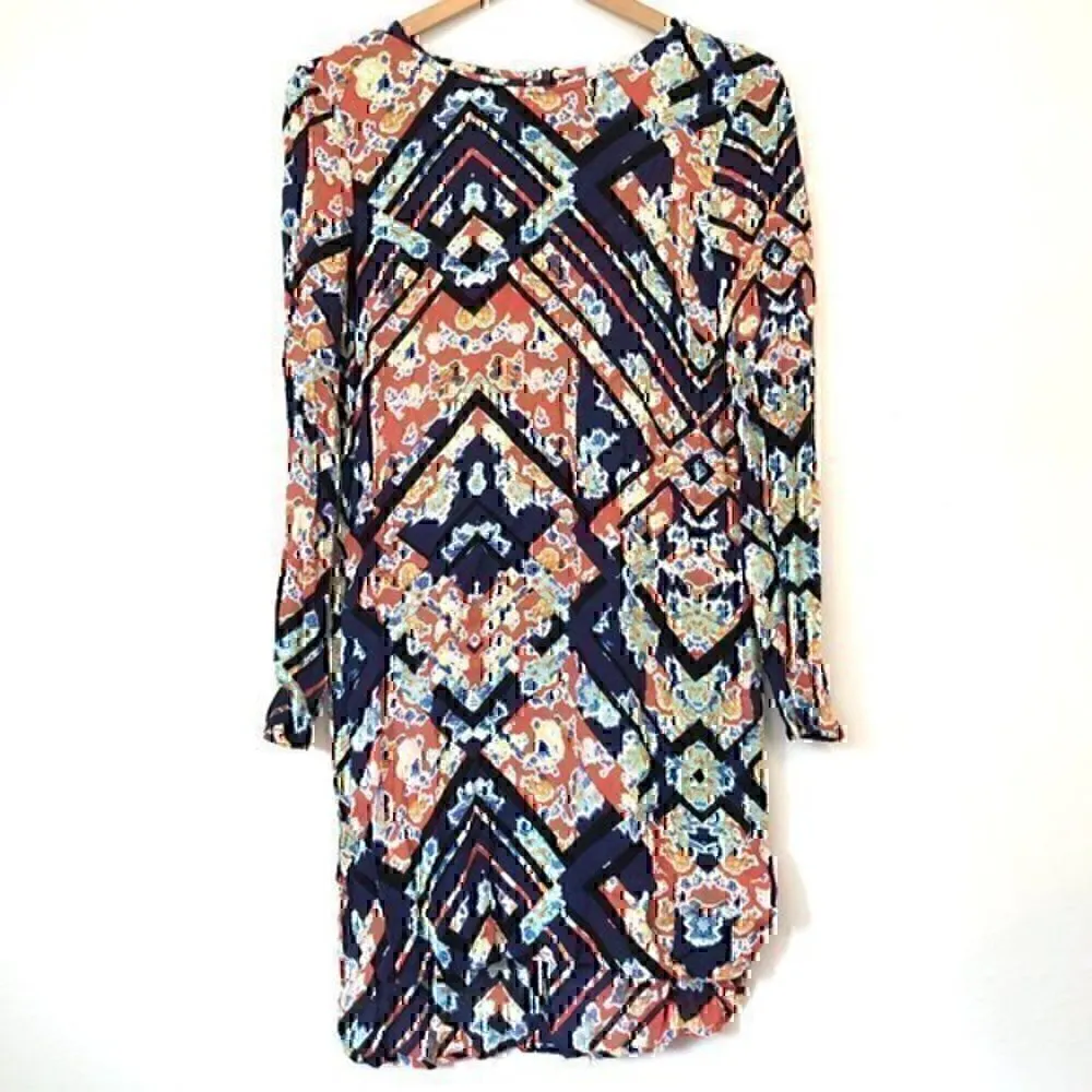 WAYF Red Blue Black Multi Floral Geometric Aztec Boho Long Sleeve Shift Dress XS - Image 2