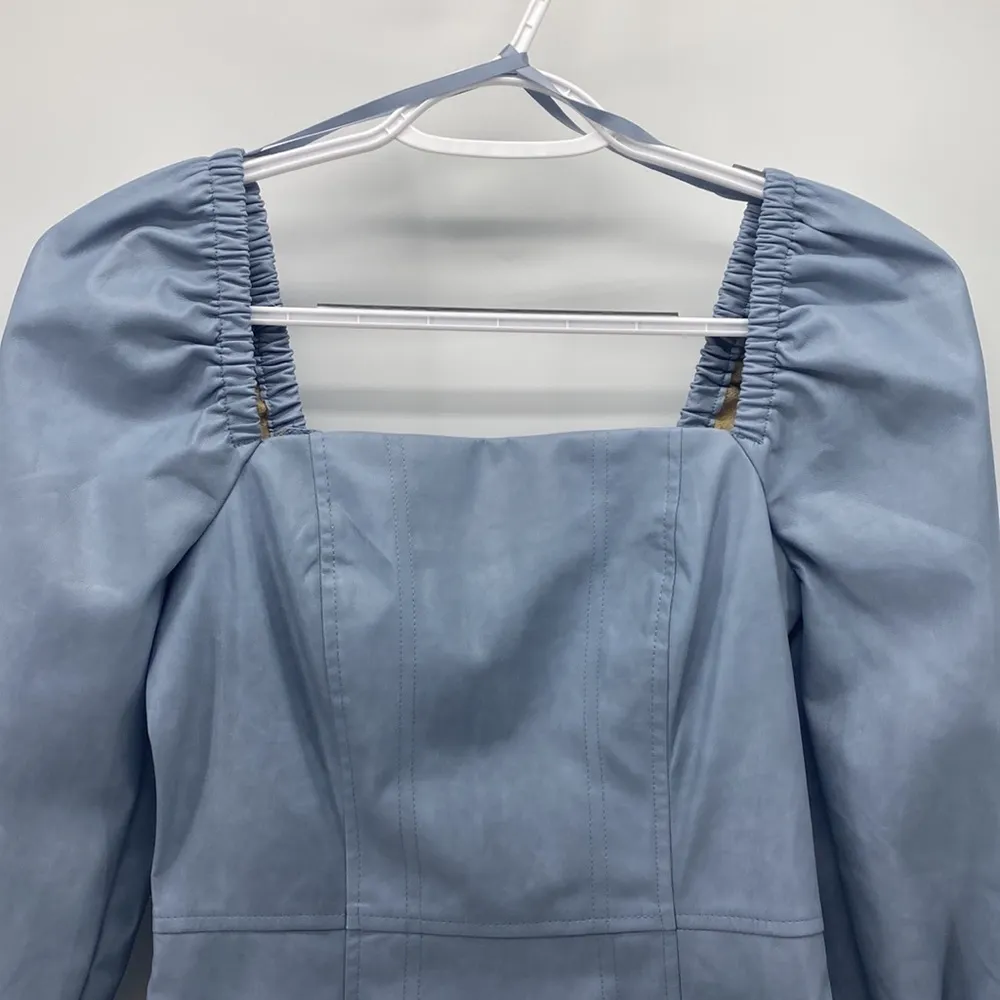 7 For All Mankind faux leather puff sleeve square neck ruched zipper back blue - Image 2