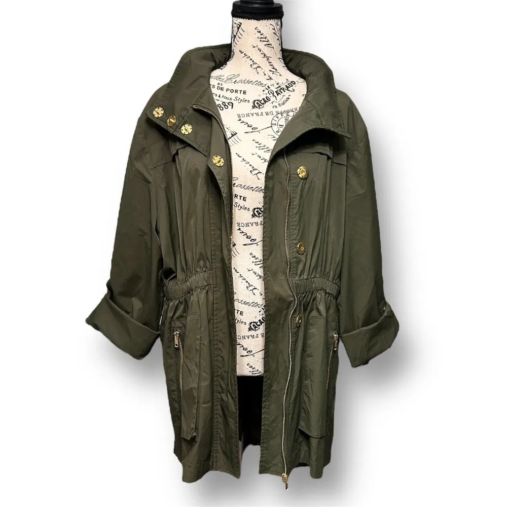 Antonio Melani Olive Green Erin Trench Coat Hooded Gold Zip Utility Outside XL - Image 3