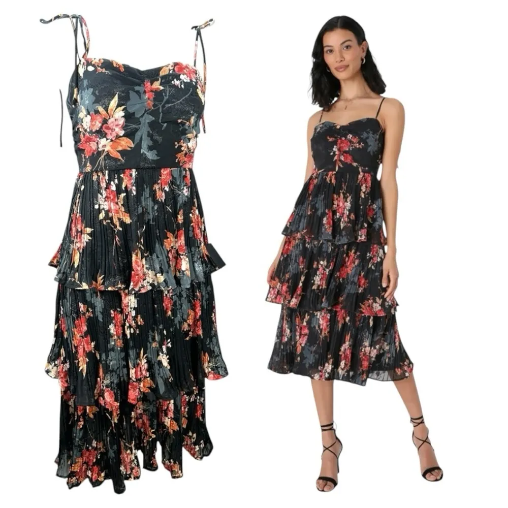 Lulus | Tier to Stay Black Floral Print Tiered Tie-Strap Midi Dress size M New - Image 2