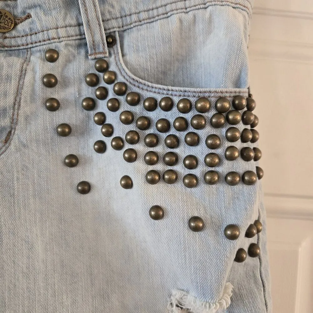 Vintage Y2K Revolt Studded Denim Shorts Women Size 5 Distressed Cutoff Jeans Blue - Image 4