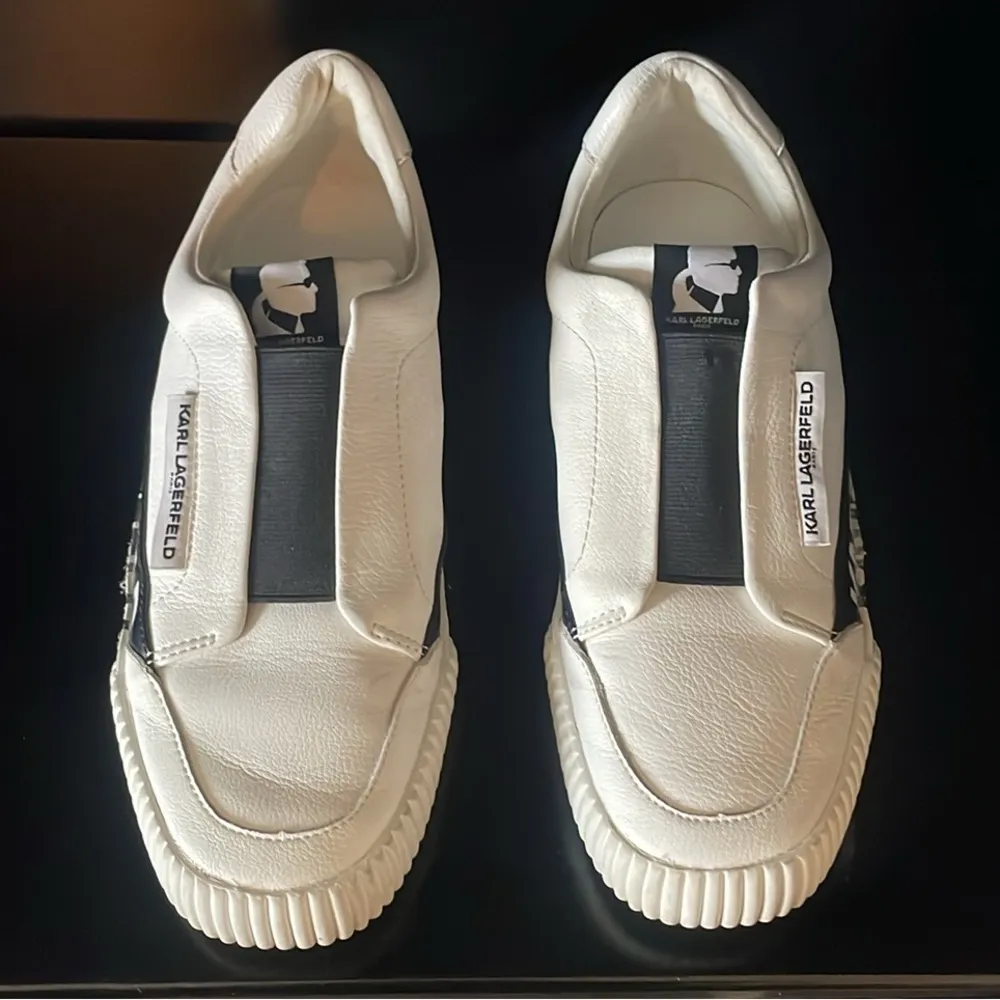 KARL LAGERFELD PARIS Josie Leather White Black Slip-On Sneakers $129 EUC Wmn’s 7 - Image 3