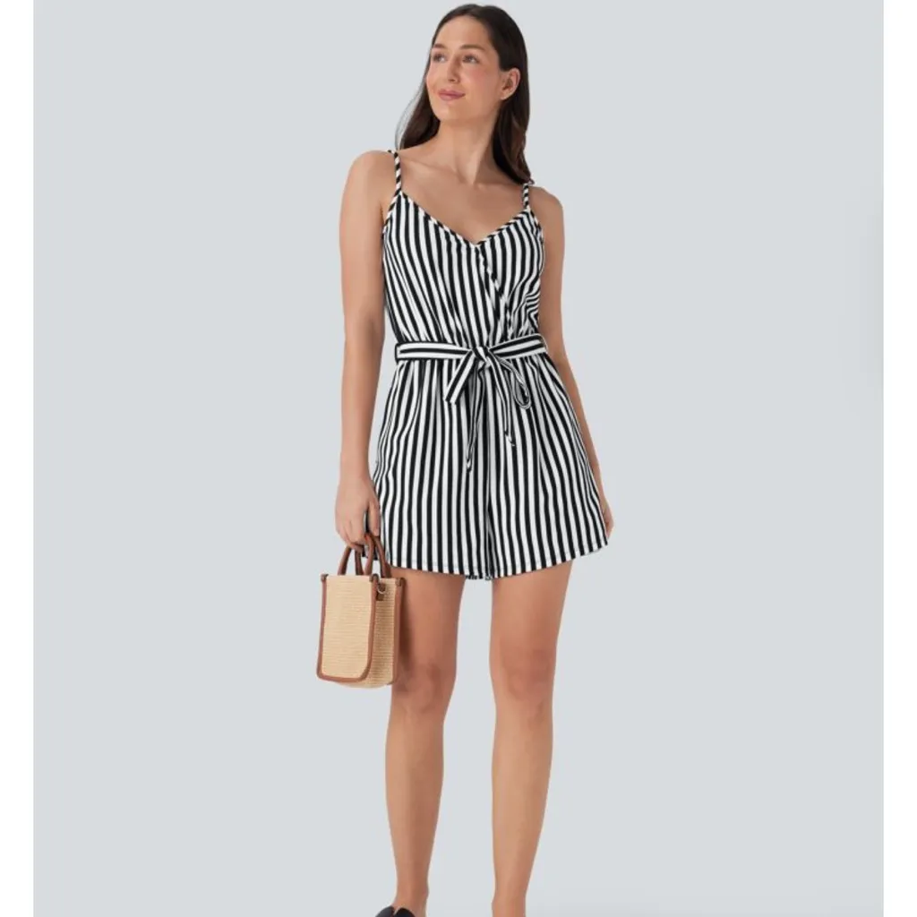 Halara NWT  V-neck Snap Belted Stripe Waffle Jumpsuit with Pockets size m - Image 7