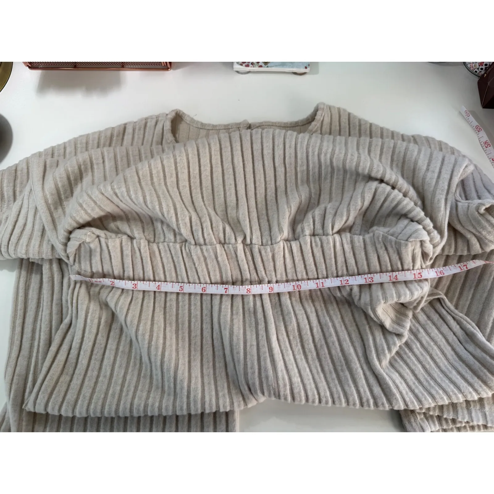 Ribbed Knit Jumpsuit Neutral Beige‎ Casual Lounge Elegant Women's One Piece Med Tan Size L - Image 8