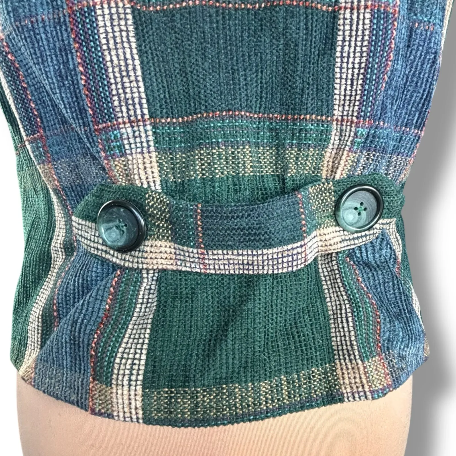 Handmade Vintage Green Blue Tartan Plaid Button Front Vest Adjustable Back Tab Size M - Image 4