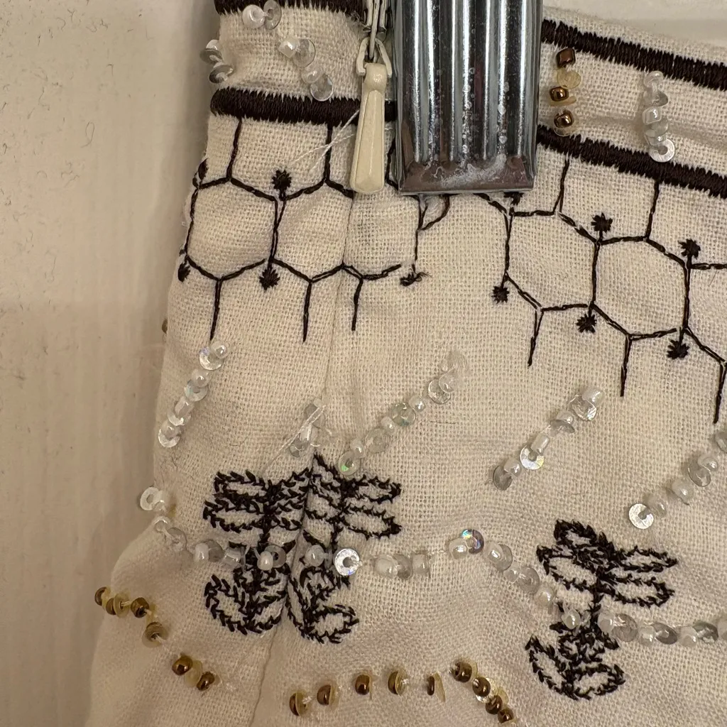 Dizzy Lizzie Linen Beaded Embroidered Skirt Cream Black Y2K Resort Boho Sz M Size M - Image 7