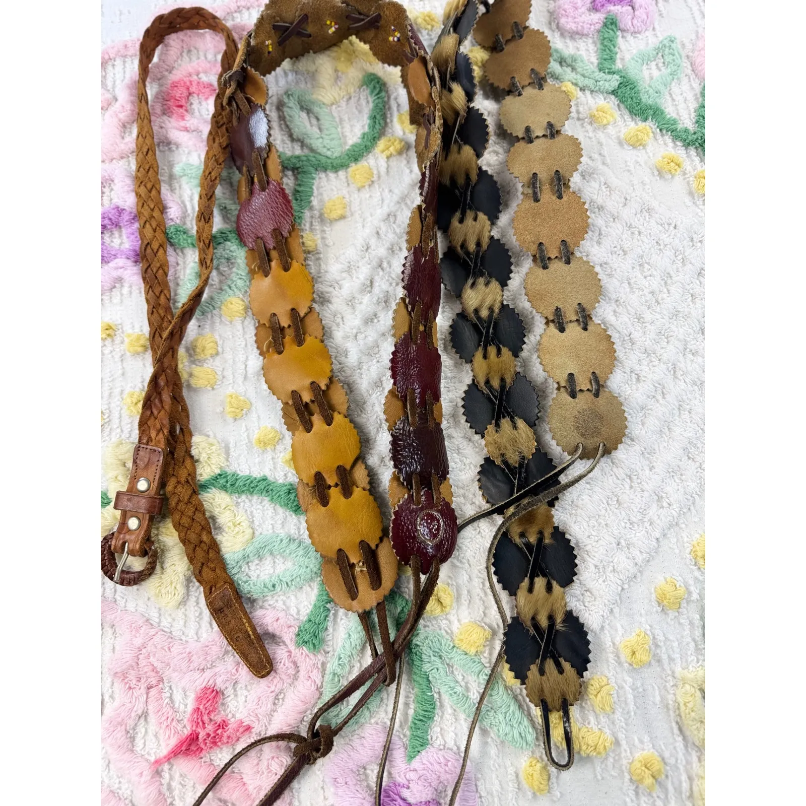 Boho 60 s Leather Beaded Fur Belt Set 3 Women's Western Hippie Accessories Brown - Image 5