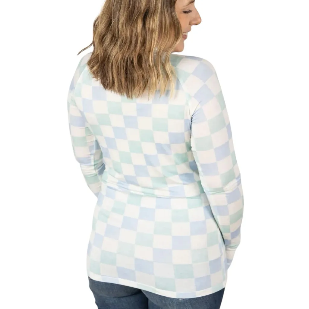 Michelle Mae Checkered Long Sleeve Top Blue Size L - Image 6