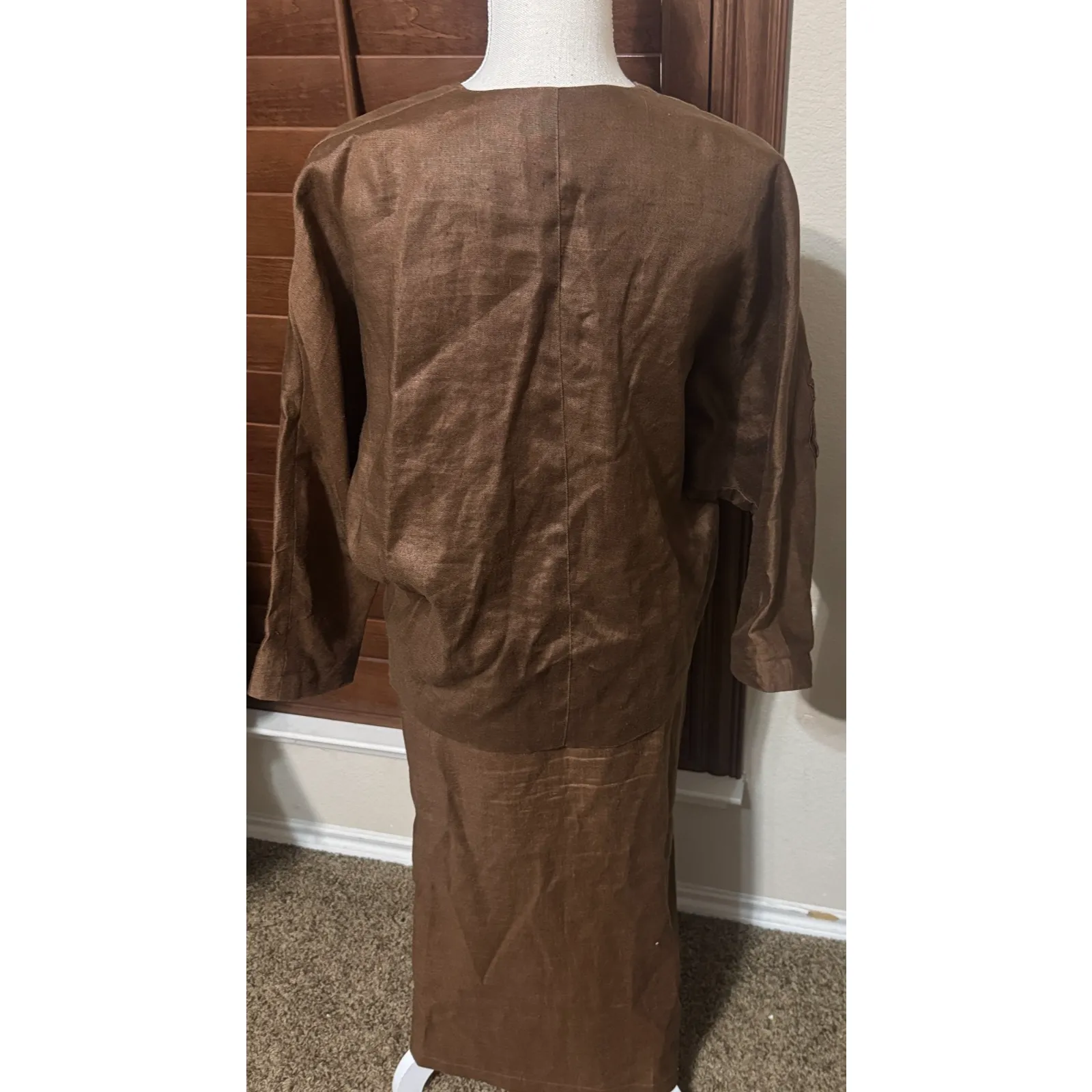 VTG 90s Linen Skirt Suit chocolate brown Church First Lady embroidered long sz L Size L - Image 5