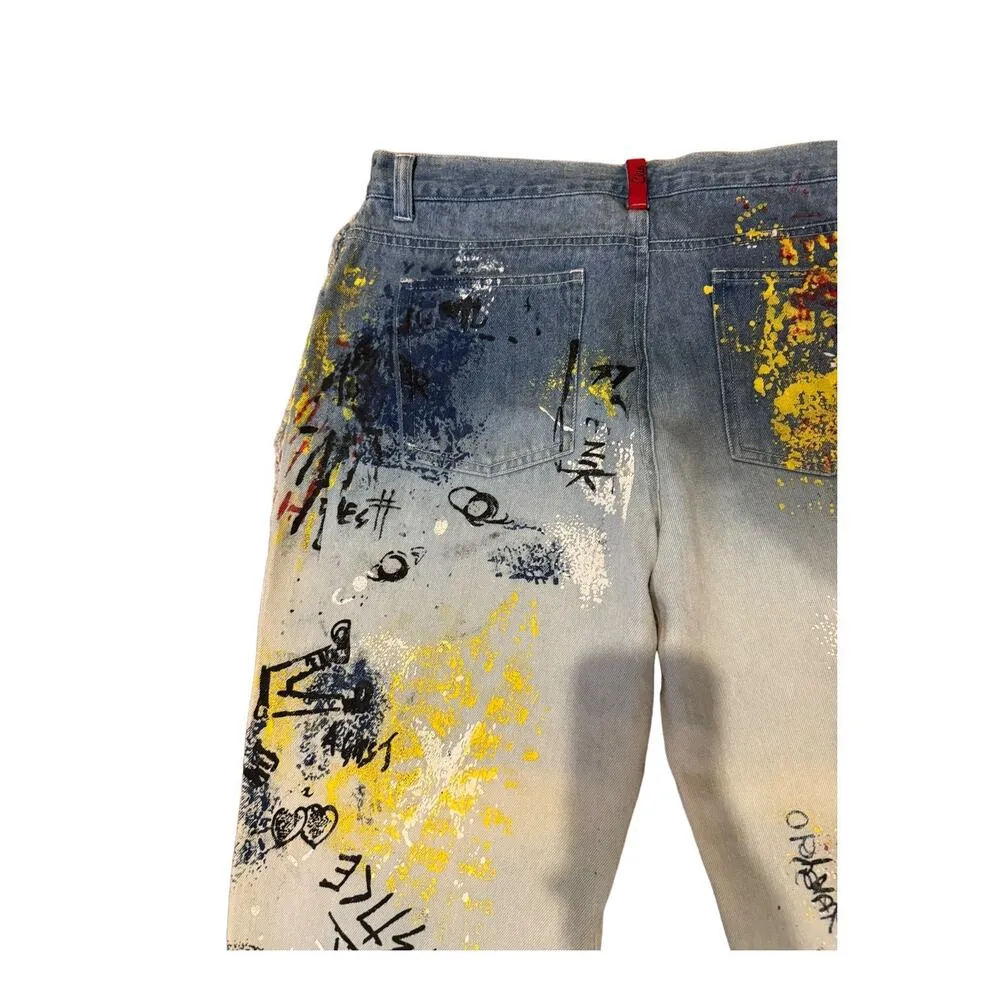Vintage 80's/ 90’s CLIO Graffiti Painted Cropped raw folded hem Jeans size 8 Blue - Image 12