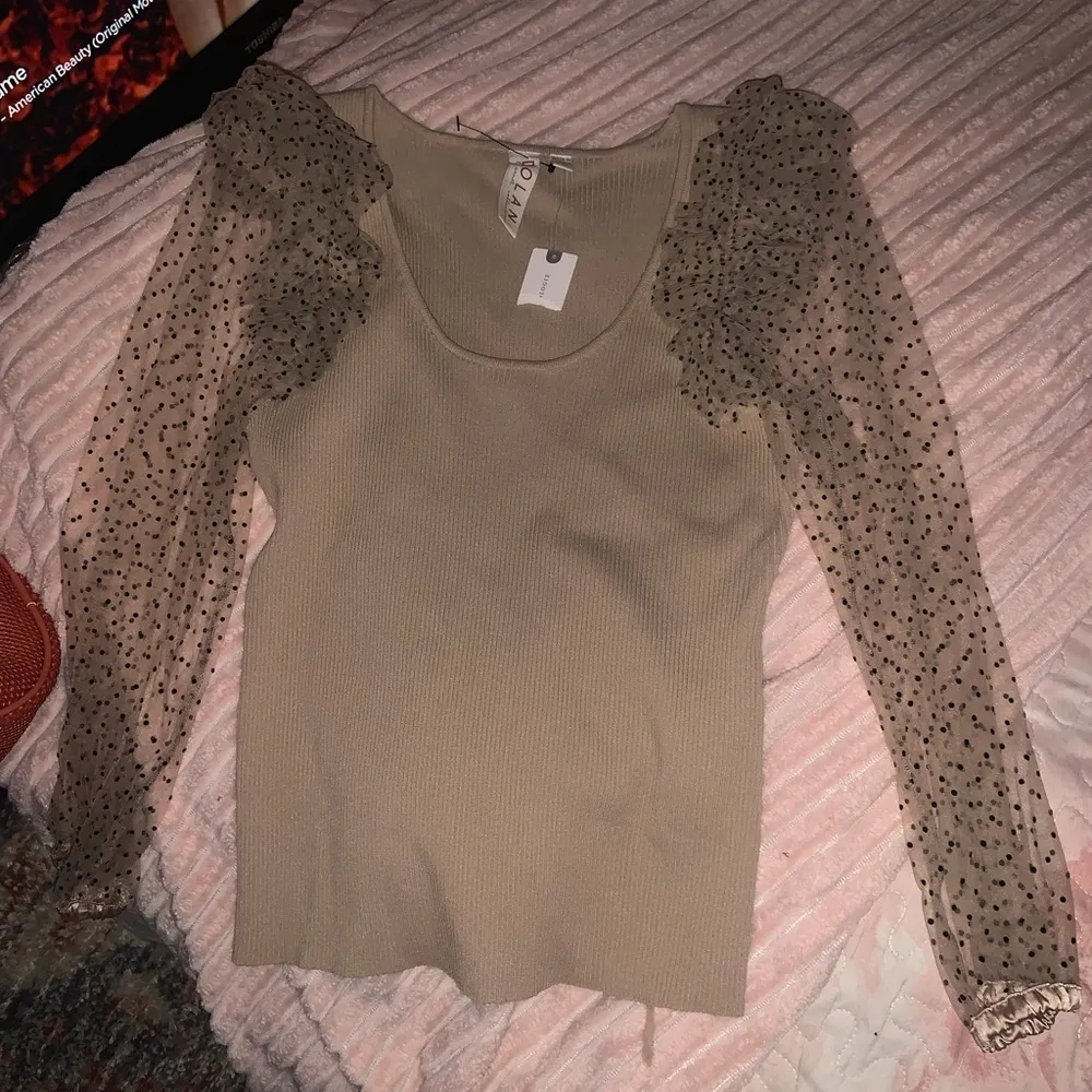 Dolan fall Sheer Sleeve Sweater Top Brown Ribbed Polka Dot Ruffles Scoop Neck Black - Image 3