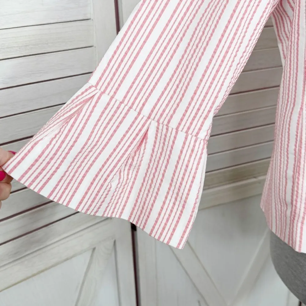 Nine West Striped Open Front Crop Blazer Jacket 3/4 Flared Sleeve Red White 8 - Image 6