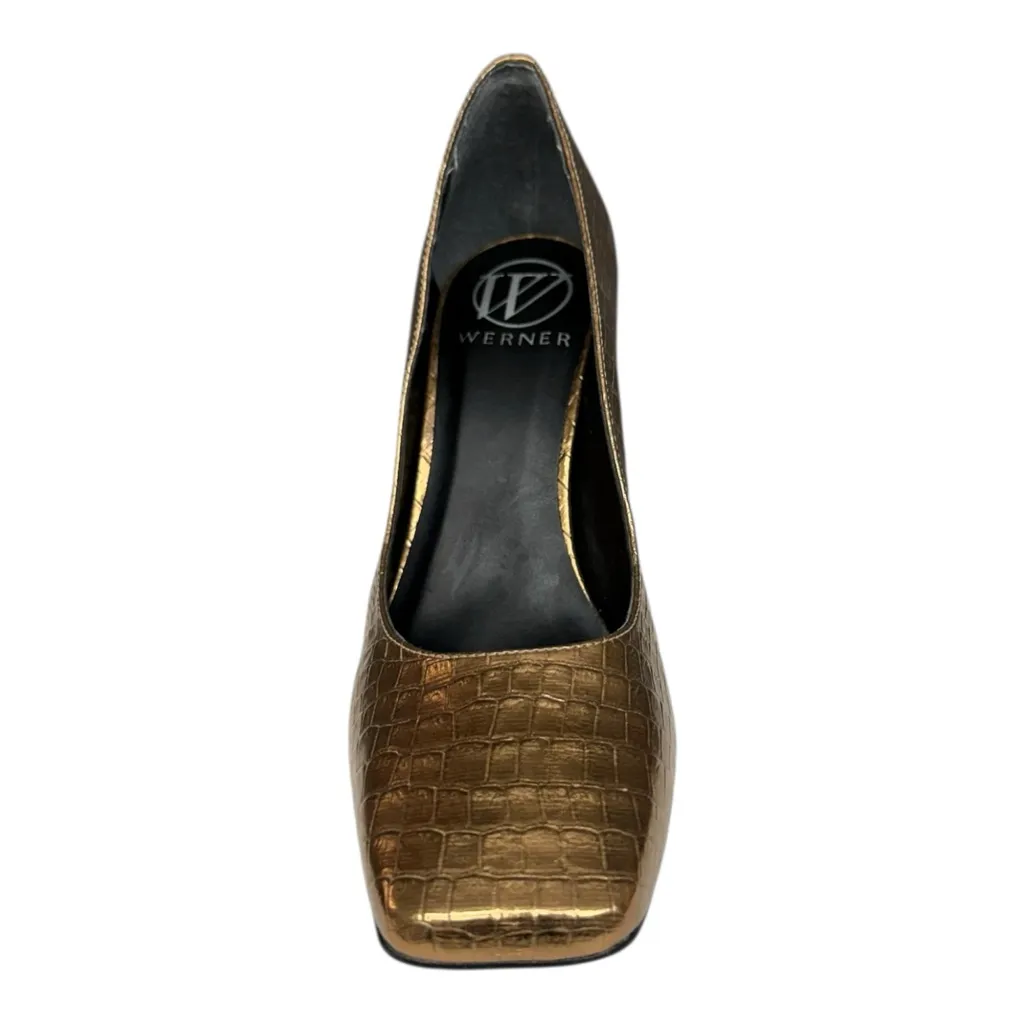 Werner Bronze Croc Embossed Square Toe Heels Women’s 8 Party Going Out Heels Gold - Image 2
