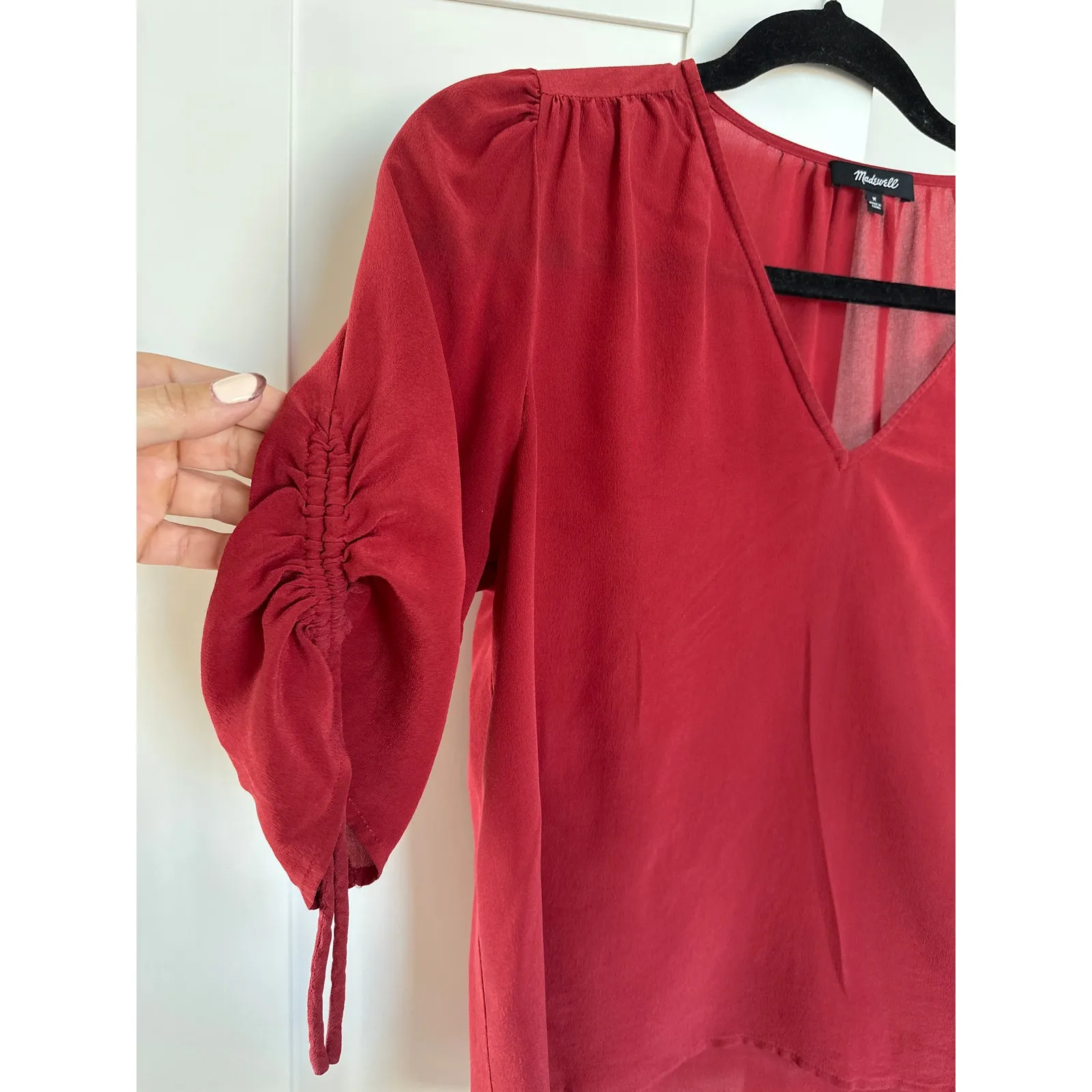 Madewell 100% Silk Cinch Short Sleeve Blouse, Rust, Size M - Image 2