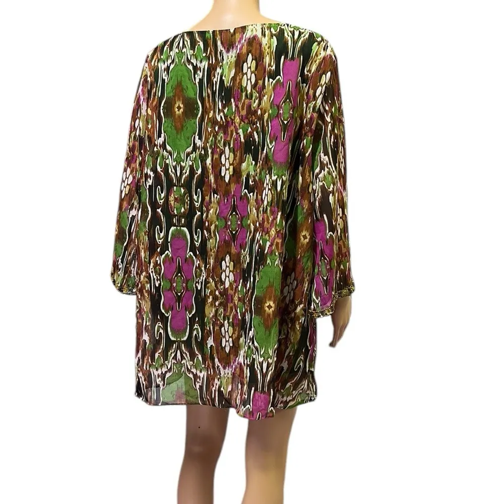 Metro 22 V Neck Colorful Tunic Blouse Flowy Top Rhinestone Embellished Womens 3X Green - Image 6
