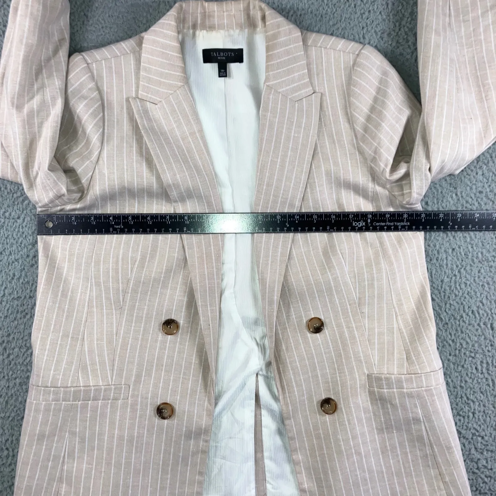 Talbots Linen Blend Pinstripe Double Breasted Blazer Jacket Women 14P Beige - Image 5