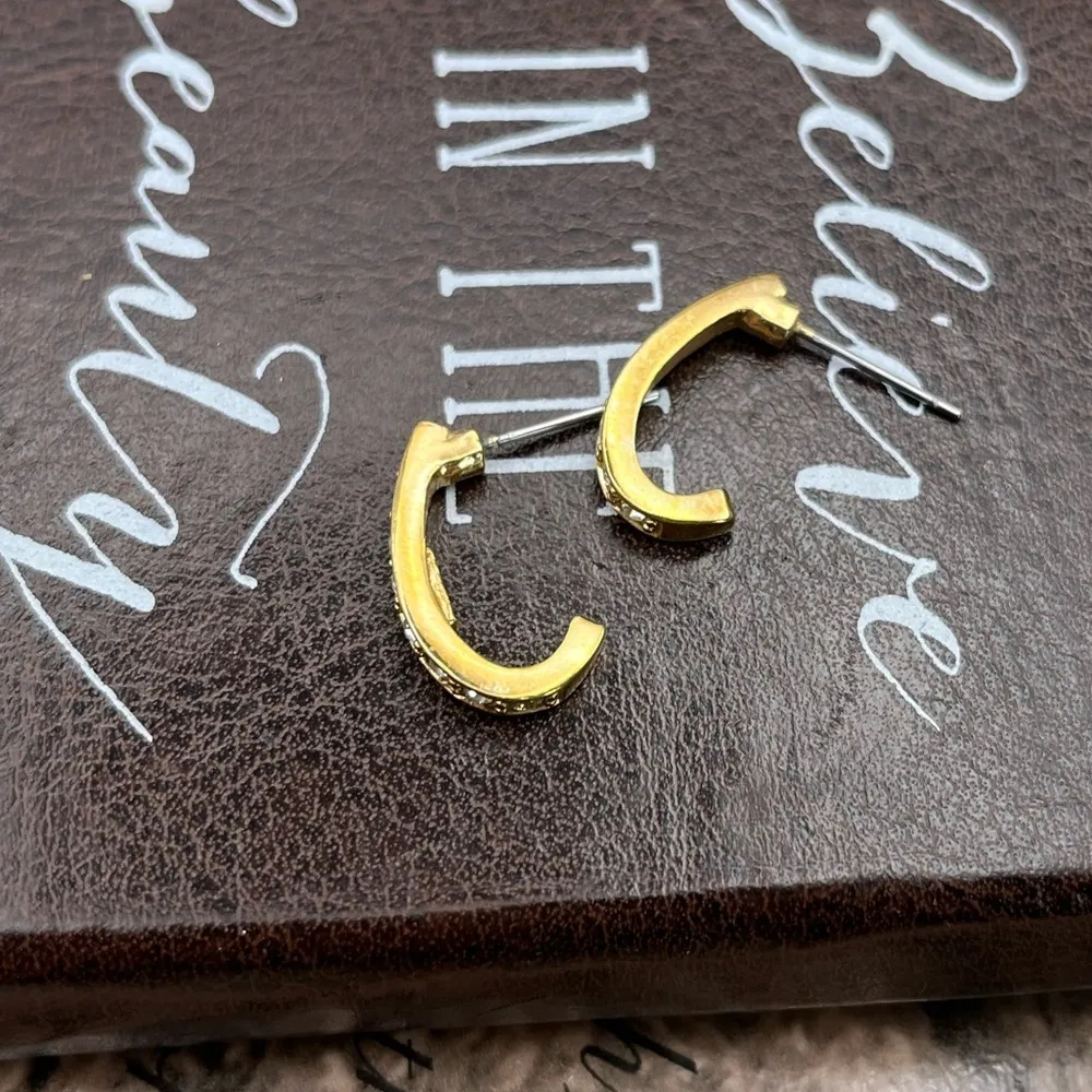 Vintage Roman Gold Tone Crystal Rhinestone Half Hoop Pave Stud Post Earrings - Image 5