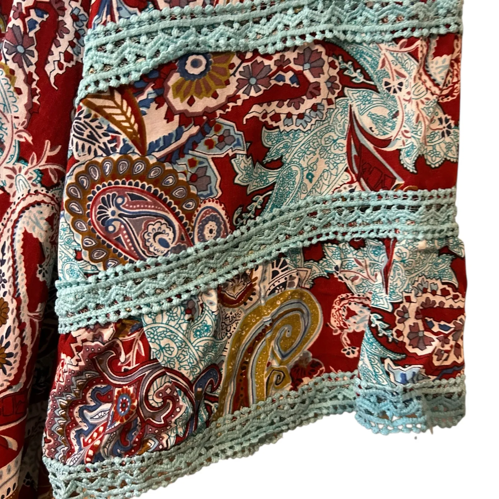 Paisley Vine Top Teal Bell Sleeve Open Shoulder Crochet Art to Wear Boho SZ XL Red - Image 6