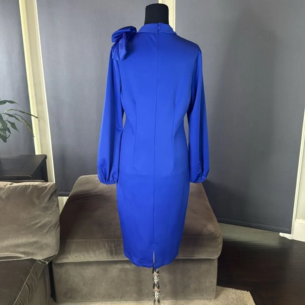 Women’s Blue Long Sleeve Midi Pencil Dress with Bow Detail Size M NEW Size M - Image 4