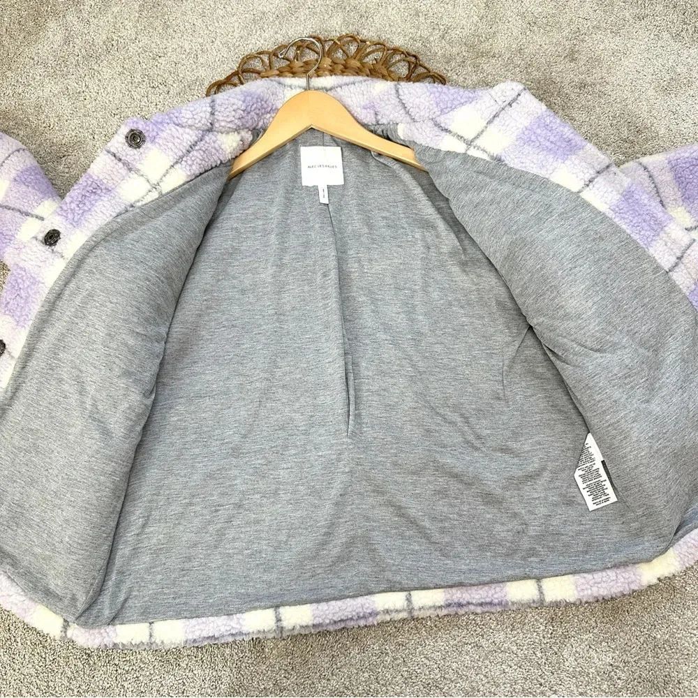 Avec Les Filles Plaid Faux Fur Shearling Teddy Trucker Jacket Lined Chic Purple - Image 8