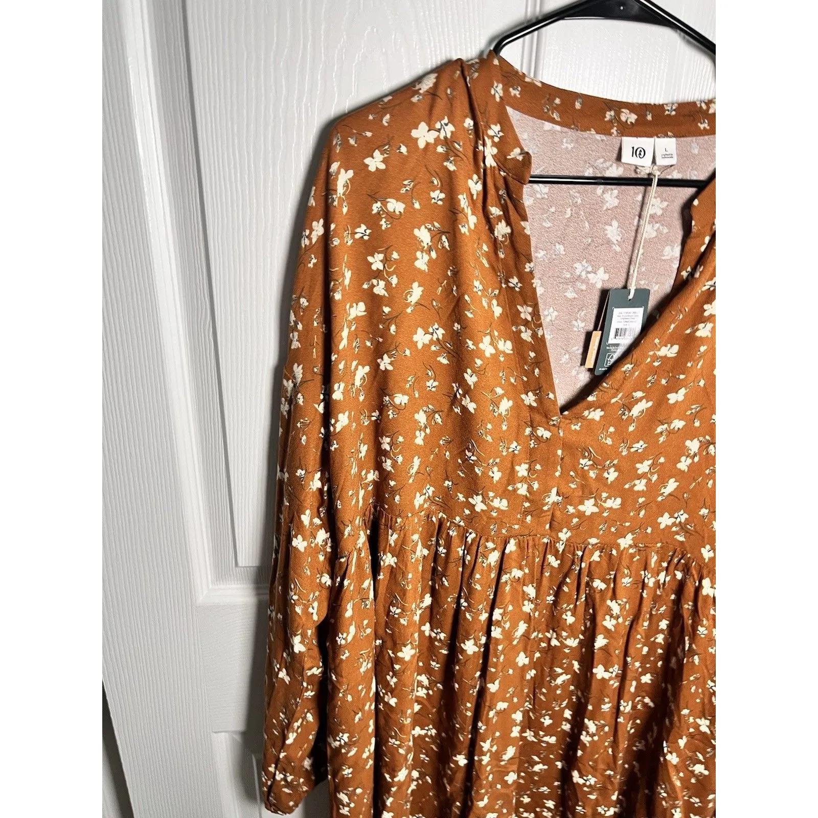 Tentree Willows Collared Tiered Long Sleeve Floral Dress Toffee Orange Sz L NWT - Image 4