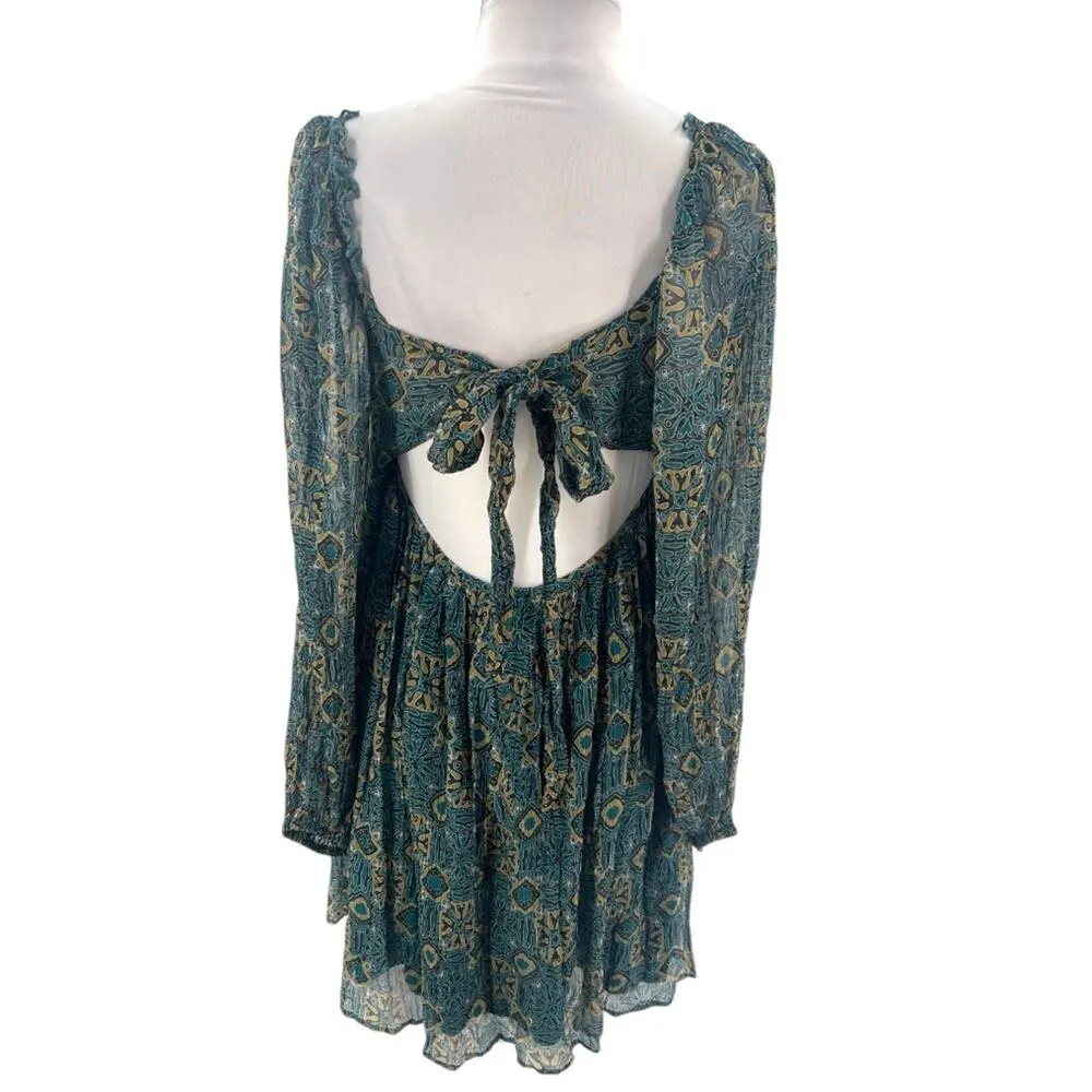 Anthropologie Let me be babydoll mini dress balloon sleeve crimped sz S Green - Image 4
