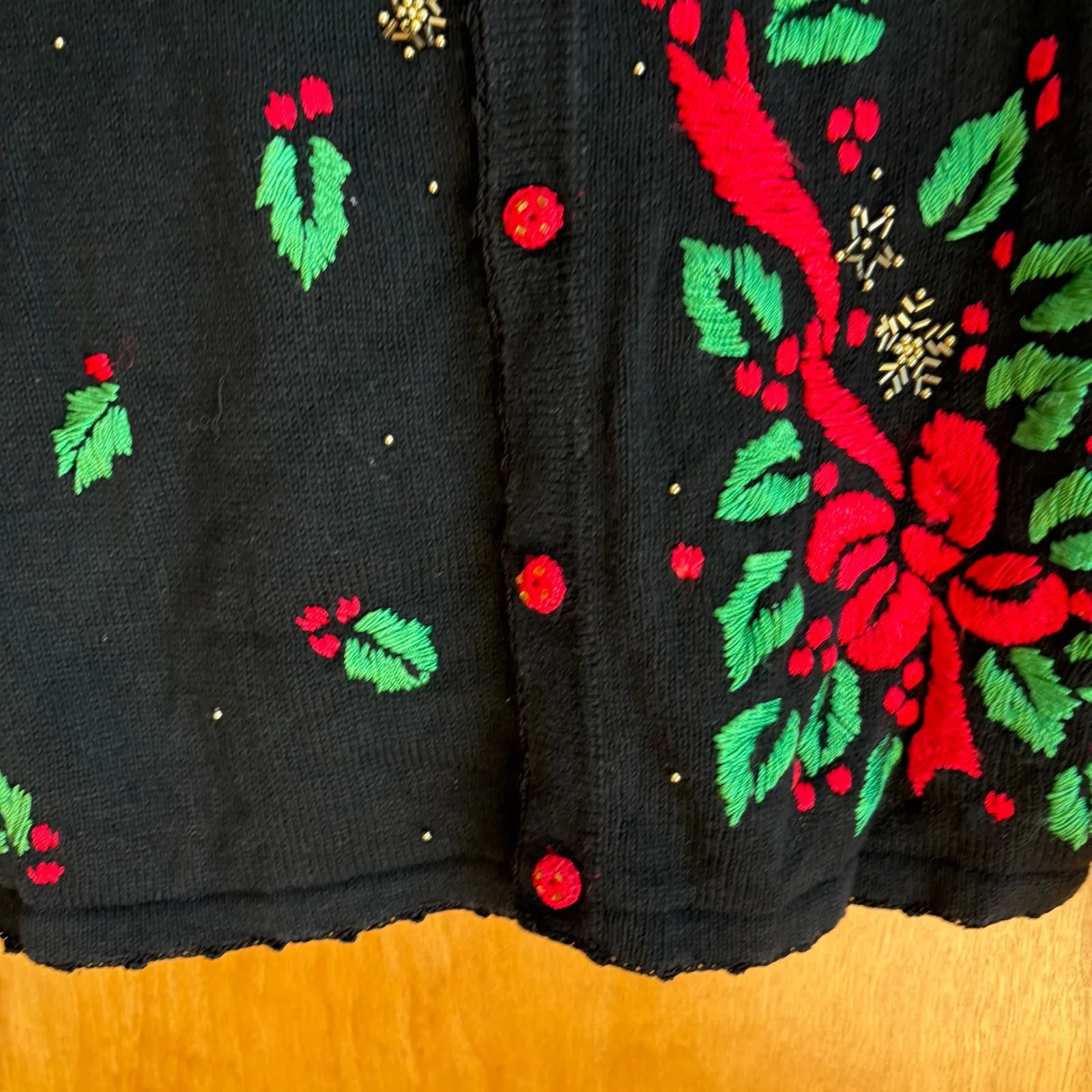 Arriviste‎ Black Christmas Holiday Cardigan Sweater Womens M Ribbon Holly Size M - Image 2