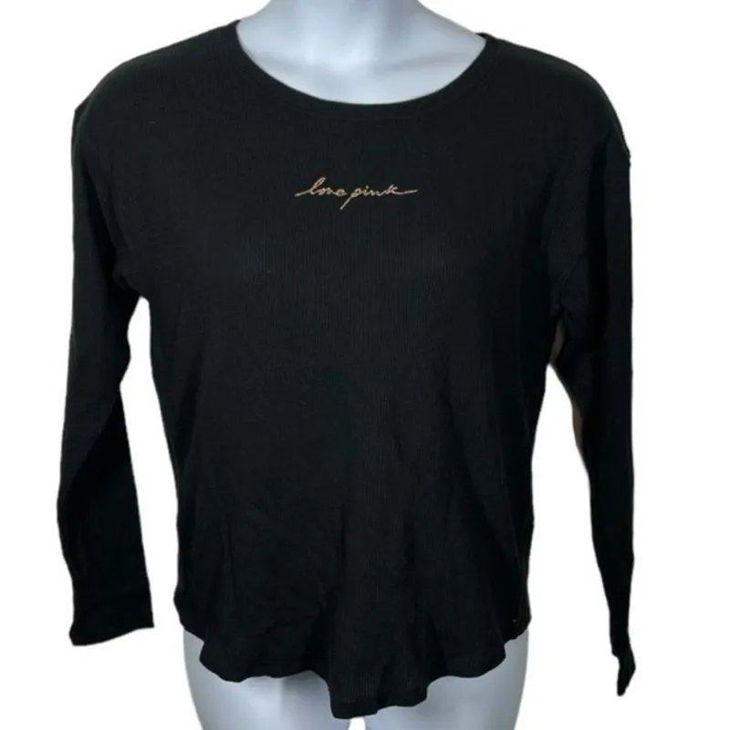 Victoria’s Secret PINK Black Waffle Knit Long Sleeve Top M Gold Glitter Size M - Image 2